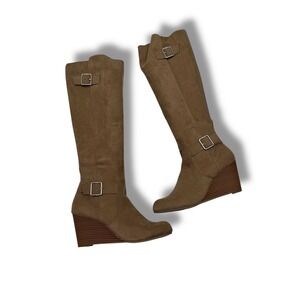 Kenneth Cole Reaction Mag Nolia Knee High Wedge Boots 7.5 Brown Faux Suede